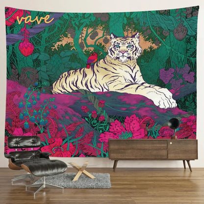 Decobites Psychedelic Tiger Tapestry Wall Hanging - Mysterious Flower Jungle Moon Landscape