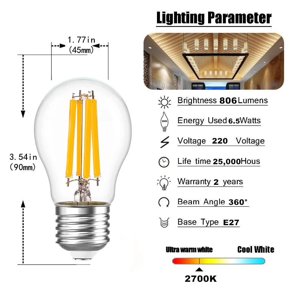 Bombillas de filamento LED Decorbites™ Globo G45 E27 6.5W Alto Lúmenes Ultra Brillantes de Vidrio