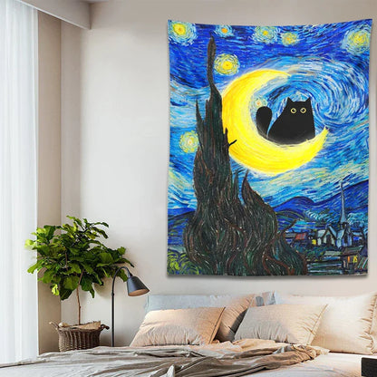 Decobites Starry Night Cat Tapestry Moon Cat Art Blanket Wall Hanging