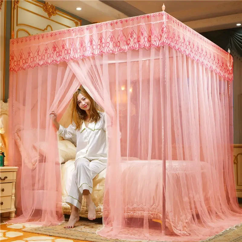 Decobites Lace Pleated Bed Net Canopy for Queen Size Double Bed