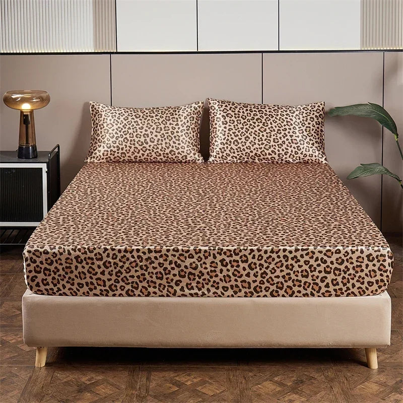 Luxury Satin Leopard Print Bed Sheet Set by Decobites - Queen/King Size