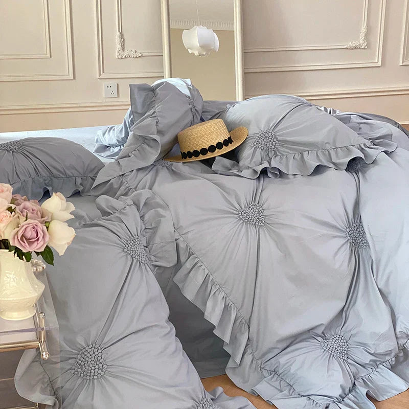 Decobites Korean Princess Style Pure Cotton Bedding Set with Ruffles and Heart Pleat