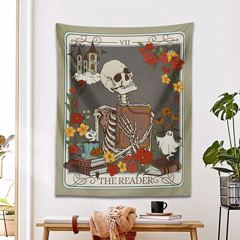 Decobites Reader Tarot Card Tapestry: Mystical Skeleton Wall Hanging for Home Decor