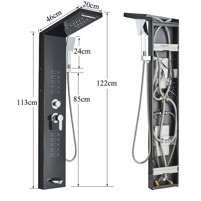Panel de grifo de ducha DecorBites™ negro con LED, sistema de lluvia tipo cascada y caño de hidromasaje.