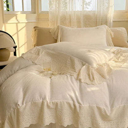 Decobites Lace Ruffles Princess Wedding Bedding Set in Pure Cotton Skin-friendly Fabric