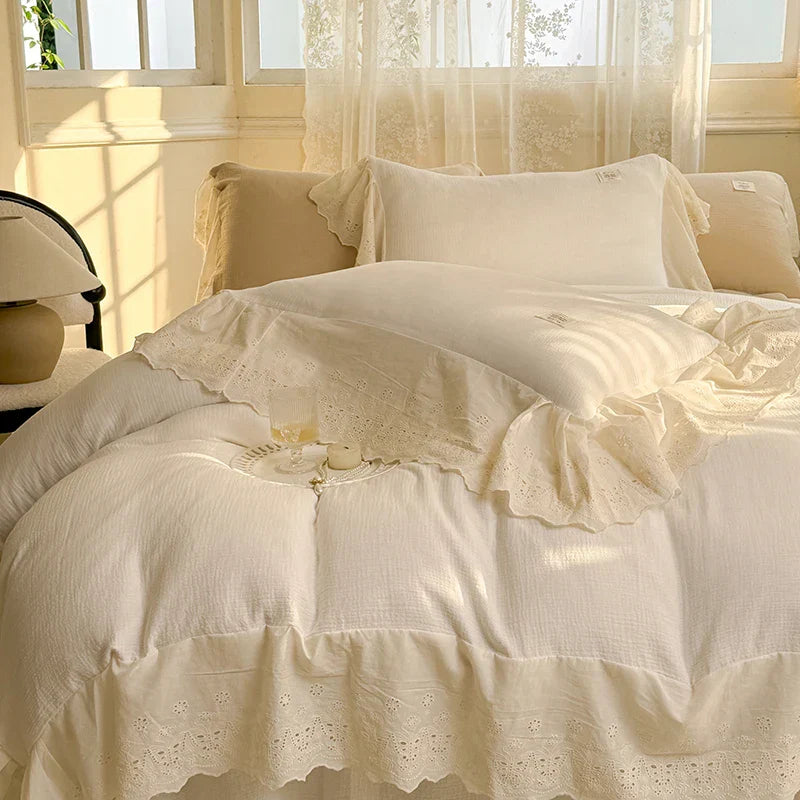 DecorBites™ Lace Ruffles Princess Wedding Bedding Set in Pure Cotton Skin-friendly Fabric