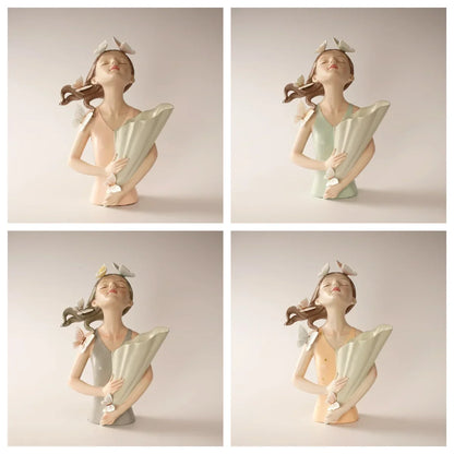 DecorBites™ Estatua de niña mariposa rosa de 30 cm en jarrón, figura decorativa moderna de resina para el hogar
