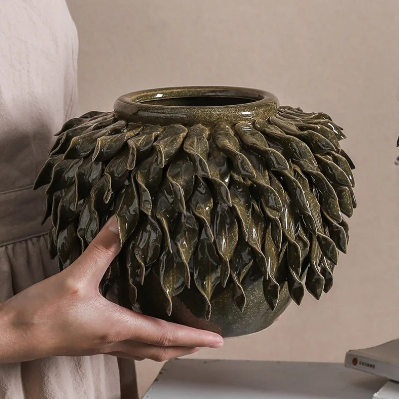DecorBites™ Leaf Relief Ceramic Vase: Hand-made 3D Floral Arrangement Pot