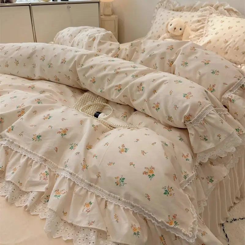 Decobites Princess Style Lace Ruffles Bedding Set - 100% Cotton, 3/4Pcs, Korean Design