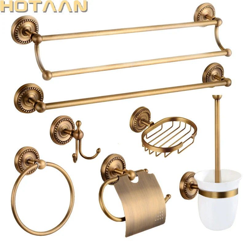 DecorBites™ Brass Bathroom Set: Robe Hook, Paper Holder, Towel Bar, Soap Basket.