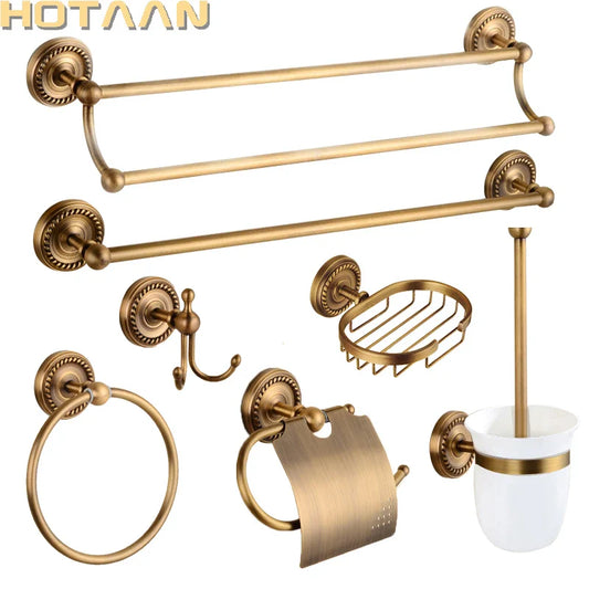 DecorBites™ Brass Bathroom Set: Robe Hook, Paper Holder, Towel Bar, Soap Basket.