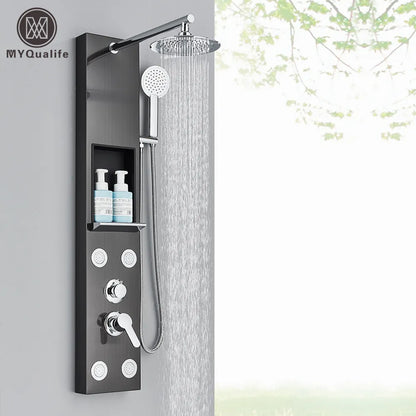 DecorBites™ Rainfall Shower Panel with Storage Rack and Massage Jets