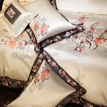 Decobites Champagne Flowers Embroidery Luxury Bedding Set - Satin Brocade Cotton Bedding