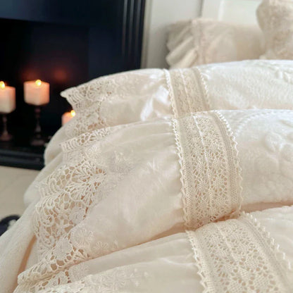 DecorBites™ Lace Ruffles Velvet Wedding Bedding Set with Carved Details