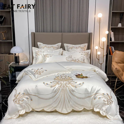 DecorBites™ Gold Feather Embroidery Egyptian Cotton Patchwork Bedding Set