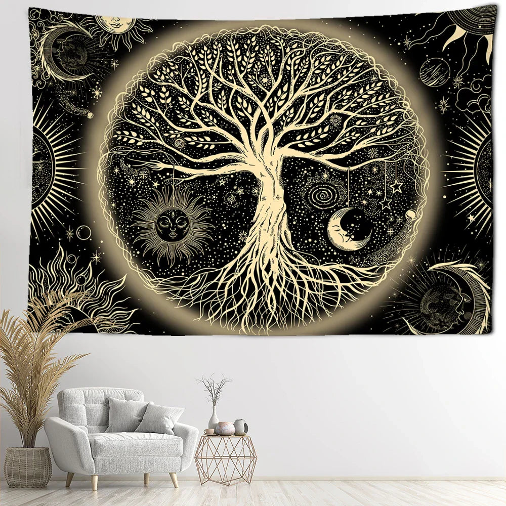 Yellow Sun Moon Life Tree Tapestry Wall Hanging Decobites Abstract Bohemian Aesthetics Home Decor