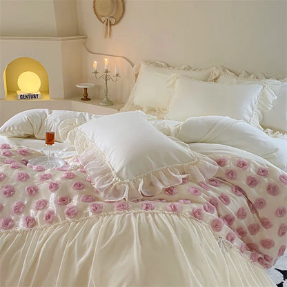 Decobites Romantic Rose Lace Bedding Set: Duvet Cover, Sheet, Pillowcases, Ruffles