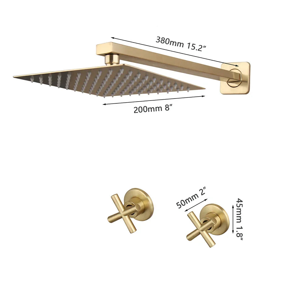 DecorBites™ Brushed Gold Rainfall Shower Faucet Set with Dual Handles and Wall Mount