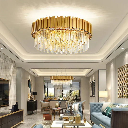 DecorBites™ Golden Crystal Chandelier LED Ceiling Light for Living Room & Lobby