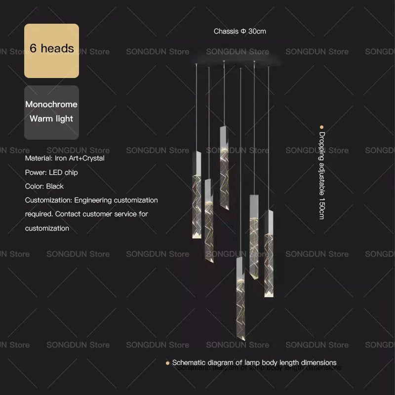 DecorBites™ Crystal Loft Chandelier for Duplex Living Room & Stairwell, Long Hanging Lighting