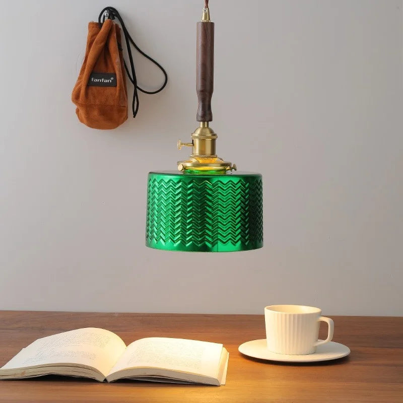 Green Glass Pendant Light Modern Copper Entryway
