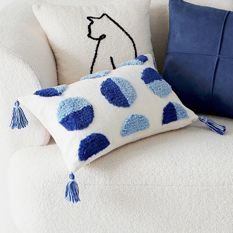 Blue Tufted Embroidered Pillow