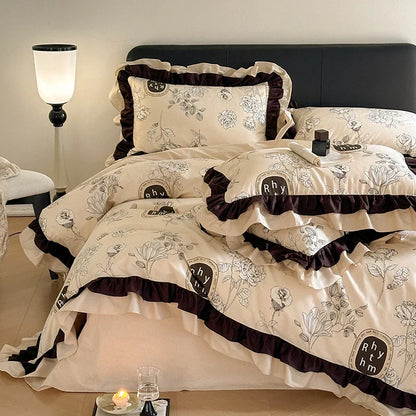 Decobites Vintage Floral Cotton Ruffles Princess Bedding Set with Double Layer