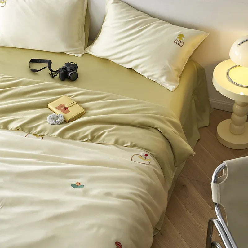 DecorBites™ Cartoon Embroidery Comforter Set with Silky Cooling Touch Fitted Sheet - Luxury Rayon Bedding Set