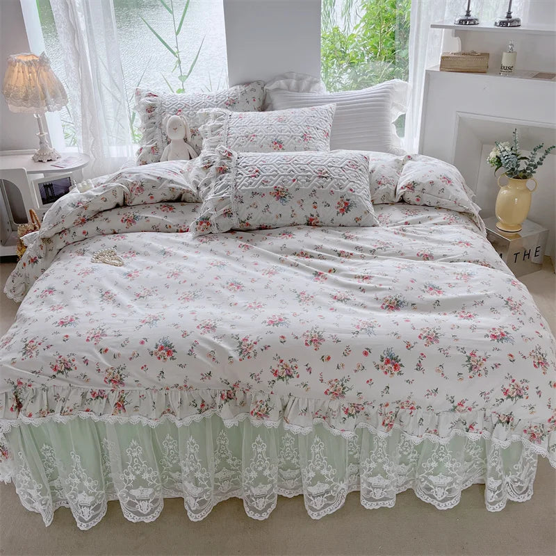 Decobites French Floral Print Bedding Set: Duvet Cover, Lace Ruffles, Quilted Embroidery, Pillowcases