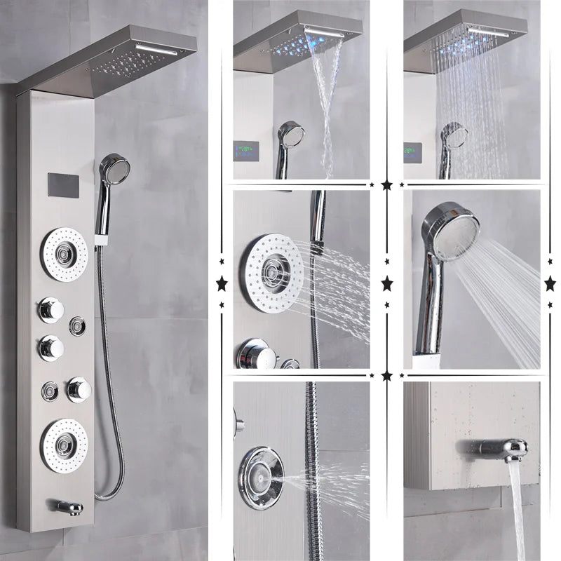 DecorBites™ LED Rainfall Shower Panel System with Temperature Screen & Massage SPA