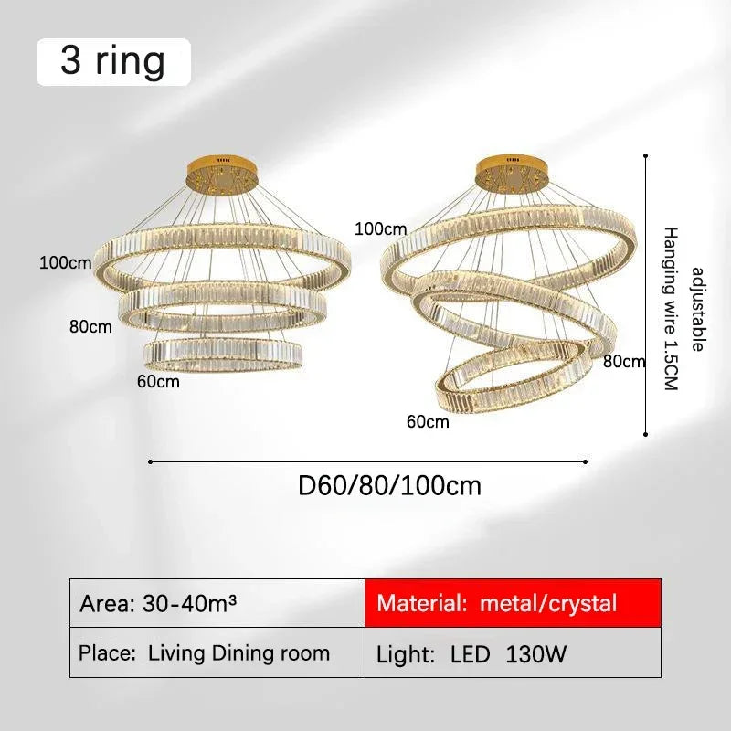 DecorBites™ Golden Crystal Chandelier: Nordic Modern Luxury LED Hanging Halo for Living Room