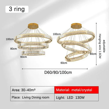 DecorBites™ Golden Crystal Chandelier: Nordic Modern Luxury LED Hanging Halo for Living Room