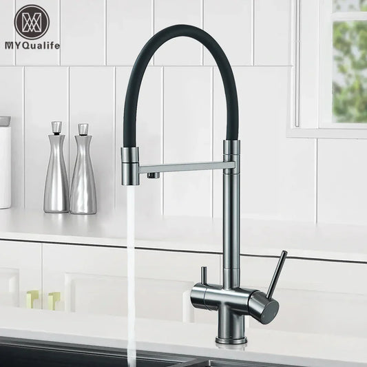 DecorBites™ Gun Gray Filtered Kitchen Faucet - Dual Handle Pull Out Brass Sink Mixer
