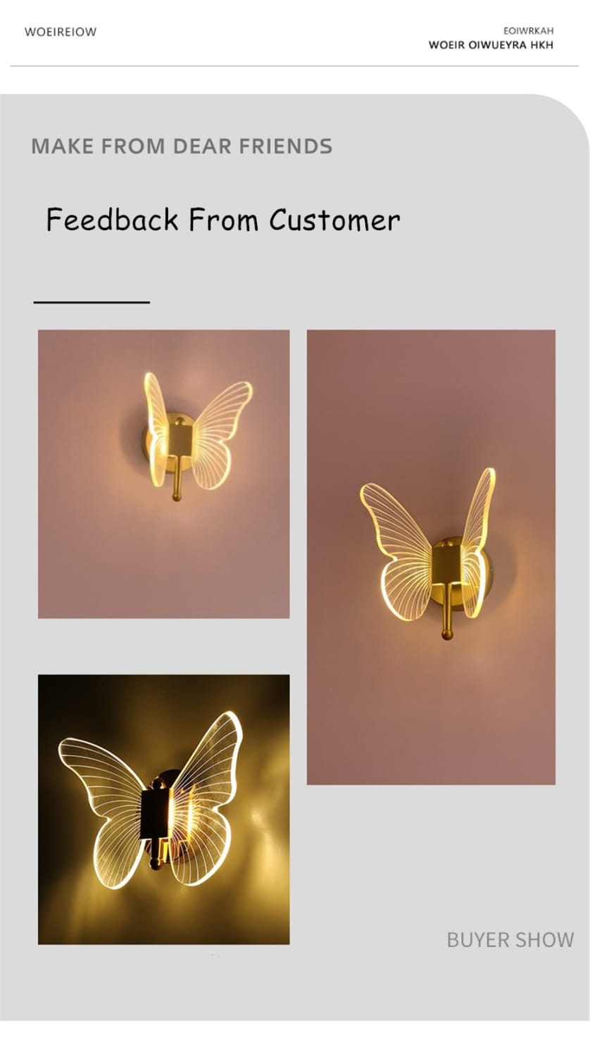 Gold-toned butterfly-shaped art deco wall lamp with translucent wings and central light source designed for bedroom bedside use.