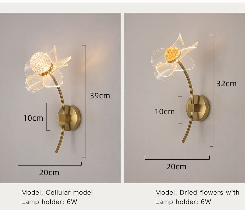 Creative floral decorative gold led wall lamp features a gold-toned floral design with translucent petals and an illuminated center, ideal as a decorative gold led bedroom crystal sconce.