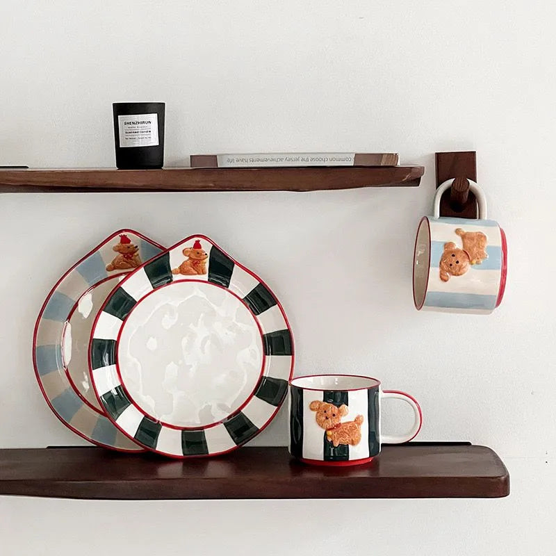 DecorBites™ Kawaii Animal Ceramic Drinkware Set: Coffee Cup, Dessert Plate, Cute Dog Mug