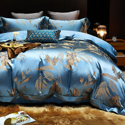 DecorBites™ Gold Leaves Jacquard Cotton Bedding Set with Smooth Egyptian Cotton Duvet Cover