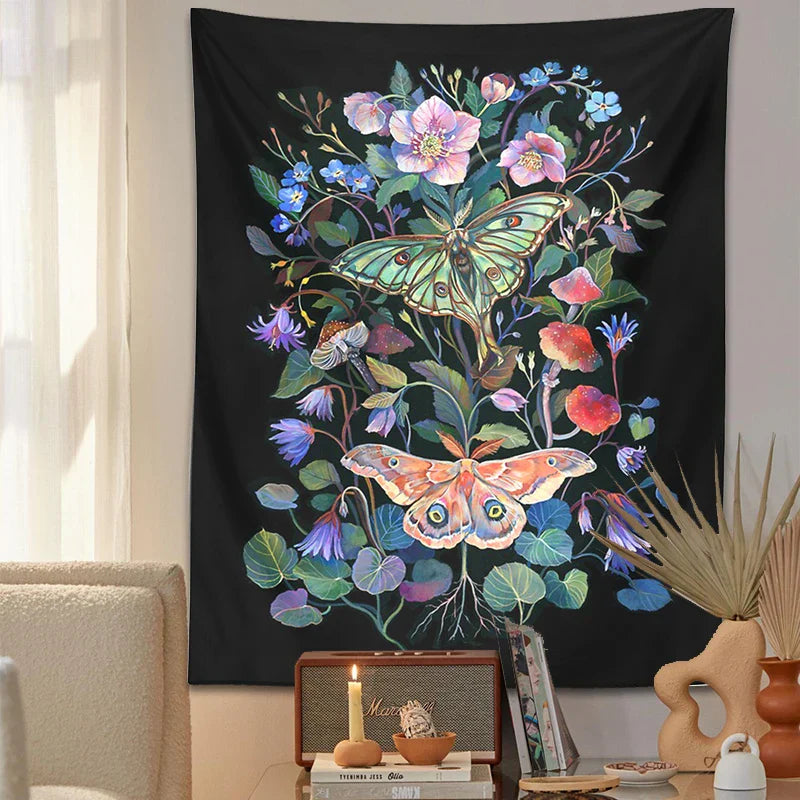 Moon Moth Tapestry Wall Hanging by Decobites - Floral Mushroom Witchcraft Wildflowers Dream Decor