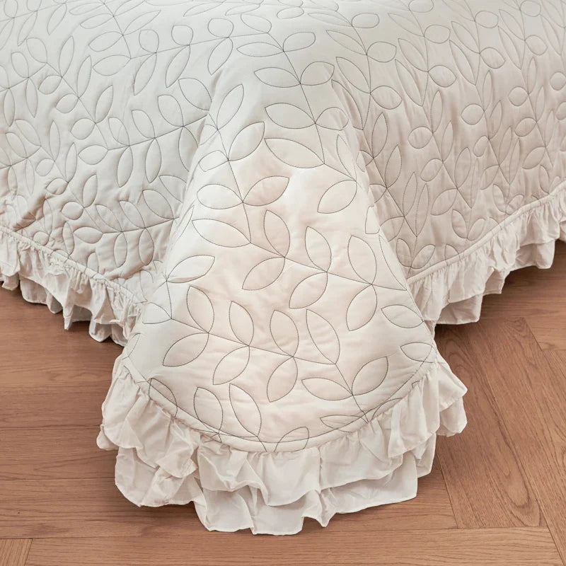 DecorBites™ Leaf Embroidery Double Layer Lace Ruffles Quilt Set with Bedspread & Pillowcases