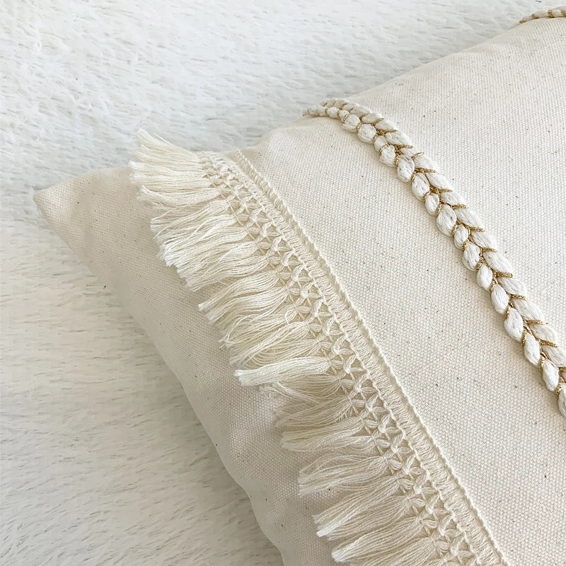 DecorBites™ Boho Style Beige Linen Cushion Cover with Tassels for Home Decor