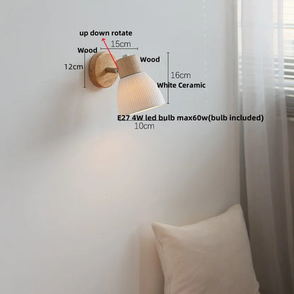 DecorBites™ Ceramic LED Wall Lights with Pull Chain Switch, Modern Wood Base Bedside Lamp