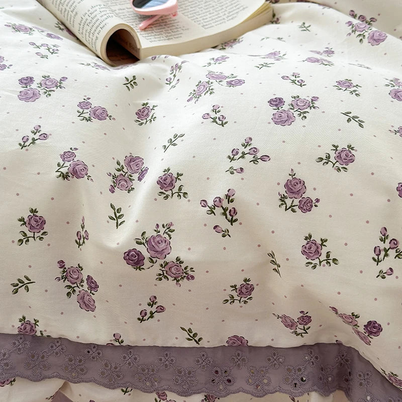 DecorBites™ French Floral Print Double Layer Lace Ruffles Bedding Set