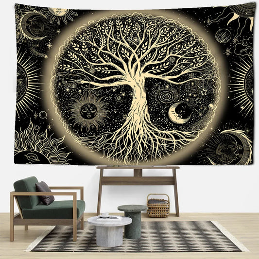 Yellow Sun Moon Life Tree Tapestry Wall Hanging Decobites Abstract Bohemian Aesthetics Home Decor