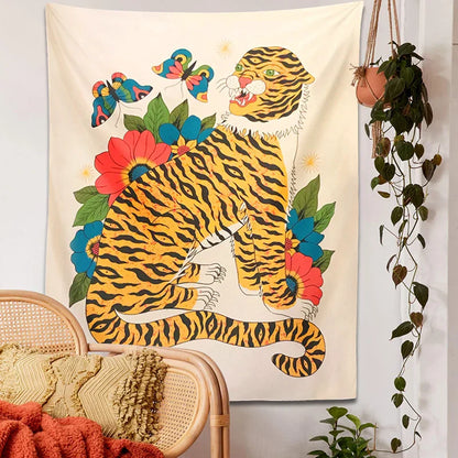 Decobites Tiger Tapestry: Hippie Boho Wall Hanging with Floral Butterfly, Psychedelic Animal Art