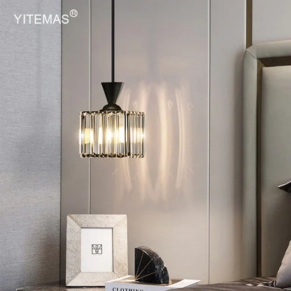 DecorBites™ Gold Mini Crystal Pendant Chandelier for Bedroom, Kitchen Island, Hallway - Small Black E27 Lamp