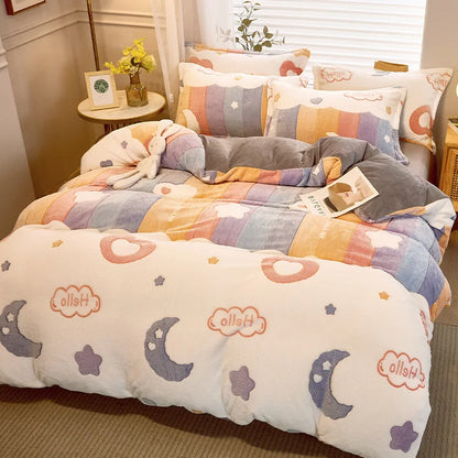 Decobites Flower Print Thicken Winter Warm Bedding Set with Sheet Pillowcases