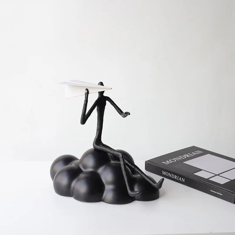 "DecorBites™ Figura de nube de avión de papel de resina para decoración del hogar - Figura abstracta de dibujos animados negra"