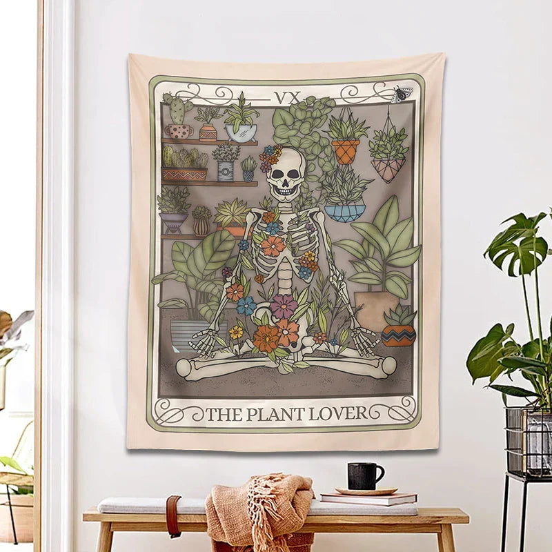 Decobites Plant Lover Tarot Card Tapestry | Botanical Skeleton Witch Wall Hanging