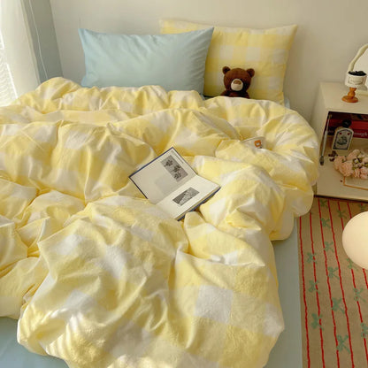 DecorBites™ Juegos de cama de algodón acogedor con diseño de cuadrícula para dormitorios estudiantiles - Ropa de cama tamaño Queen/King