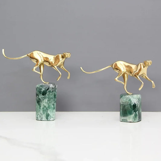 DecorBites™ Golden Leopard Brass Cheetah Figurine Green Marble Base Metal DecorAccessory